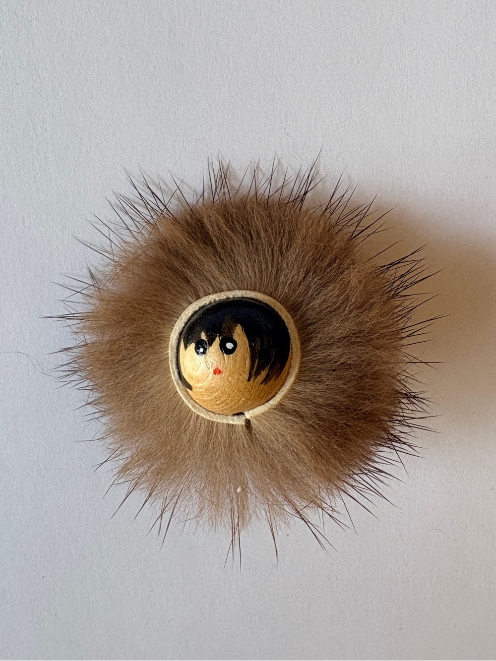 Inuit Pin Hand-Painted Wood Face with Fluffy Real Mink